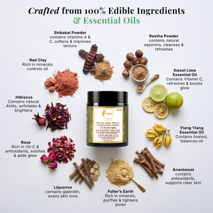 Red Clay, Rose & Hibiscus to remove dead skin & tan, to rejuvenate & nourish