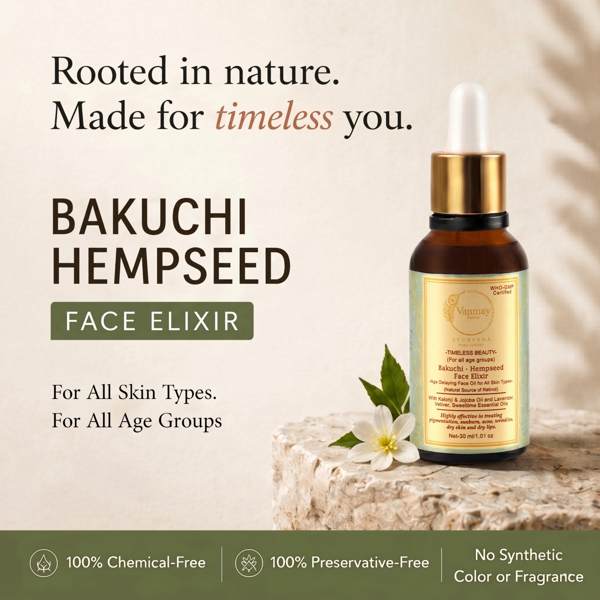Image of Restorative Bakuchi Hempseed Face Elixir for pigmentation, acne & radiance for all skin types