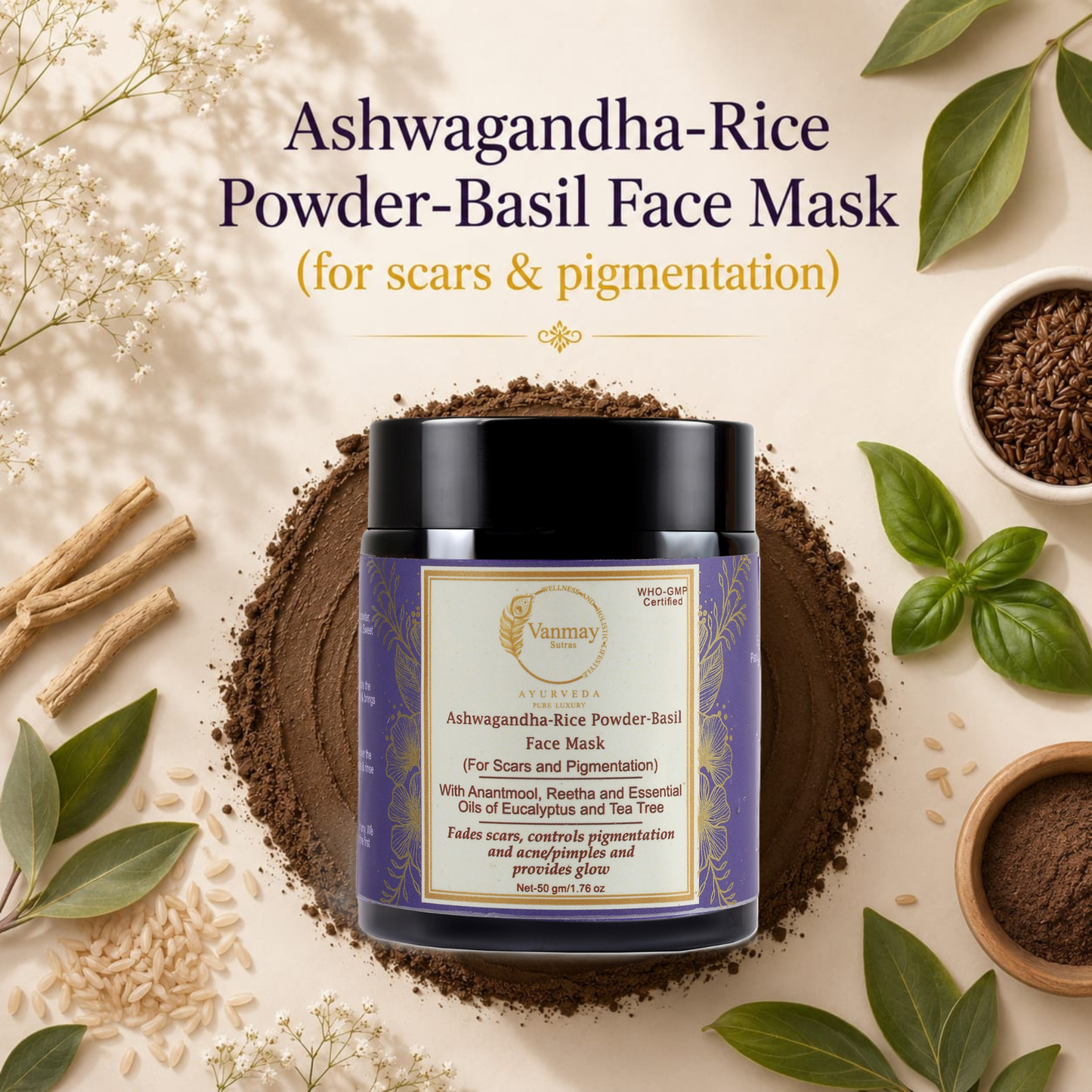 Ashwagandha, Rice Powder & Basil Face Mask - For scars & pigmentation