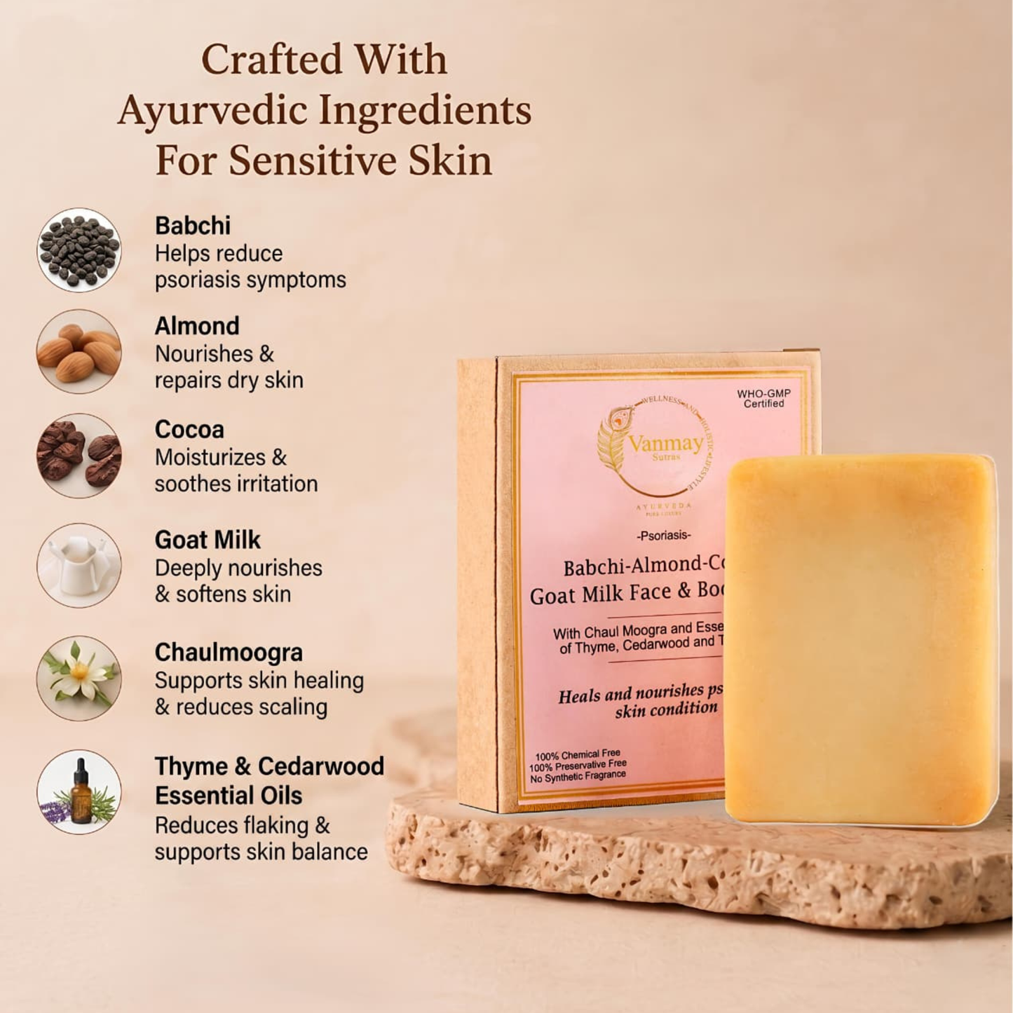 Psoriasis/Eczema Goat Milk Soap with babchi, almond & cocoa